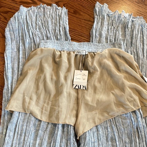 ZARA women’s crinkle accordion pleat semi sheer wide pull on pants with shorts M - Picture 7 of 10